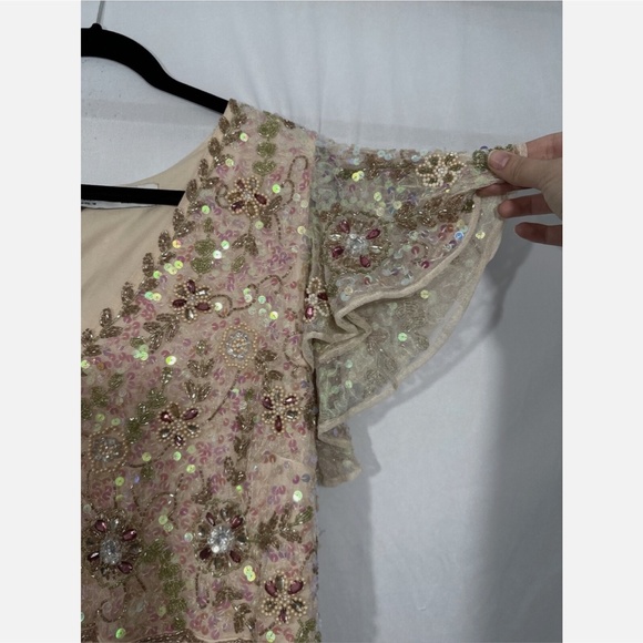 NWT $698 Mac Duggal [ 16 ] Embellished Ruffled Cap Sleeve V-Neck Gown Nude Iride - Picture 9 of 16